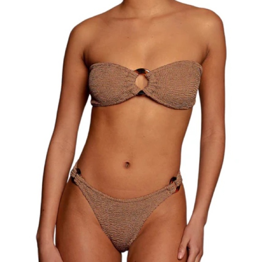 New Hunza G Gloria Bikini SET Metallic Cocoa Seersucker Bandeau Crinkle Tan Cute - Picture 2 of 12